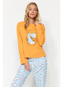 Trendyol Orange 100% Cotton Cloud Pattern T-shirt-Jogger Knitted Pajamas Set