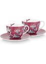 Pip Studio set 2 šálků s podšálky Flower Festival tmavě růžový, 280 ml