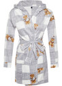 Trendyol Gray Belted Plaid Teddy Bear Pattern Pocket and Hood Detail Fleece Knitted Dressing Gown