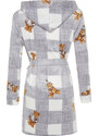 Trendyol Gray Belted Plaid Teddy Bear Pattern Pocket and Hood Detail Fleece Knitted Dressing Gown