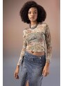 DEFACTO Crop Crew Neck Batic Tulle Long Sleeve T-Shirt