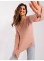 Fashionhunters Světle růžový klasický svetr s výstřihem