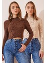 Happiness İstanbul Women's Brown Cream 2-Pack Ribbed Turtleneck Crop Knitted Blouse