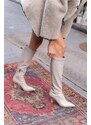 Madamra Beige Women's Thin Heels Above the Knee Boots