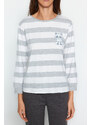 Trendyol Gray Striped Animal Print Tshirt-Pants and Knitted Pajamas Set