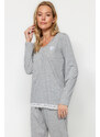 Trendyol šedé srdce vyšívané krajky detailní bavlněné tričko-kalhoty pletené pyžamo set