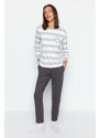 Trendyol Gray Striped Animal Print Tshirt-Pants and Knitted Pajamas Set