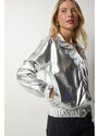 Happiness İstanbul Women's Metallic Gray Pocket Shiny Jacket