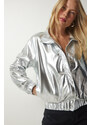 Happiness İstanbul Women's Metallic Gray Shiny Jacket with Pocket