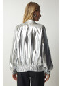 Happiness İstanbul Women's Metallic Gray Pocket Shiny Jacket