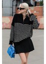 Madmext Women's Black Zipper Striped Sweater