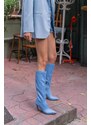 Madamra Blue Jeans Women's Thin Heels Above the Knee Boots