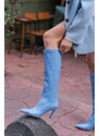 Madamra Blue Jeans Women's Thin Heels Above the Knee Boots