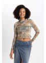 DEFACTO Crop Crew Neck Batic Tulle Long Sleeve T-Shirt