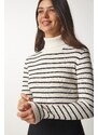 Happiness İstanbul Women's Cream Striped Turtleneck Knitwear Sweater