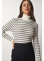 Happiness İstanbul Women's Cream Striped Turtleneck Knitwear Sweater