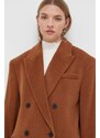 Vlněný kabát HUGO hnědá barva, přechodný, dvouřadový