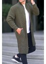 Madmext Khaki Stand-Up Collar Long Knitwear Cardigan With Pocket 6816