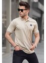 Madmext Beige Buttoned Striped Polo Neck T-Shirt 5879