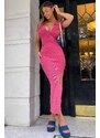 Madmext Pink Women's Knitwear Dress with a Polo Neck and Slit