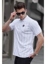 Madmext White Buttoned Striped Polo Neck T-Shirt 5879