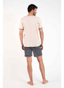 Italian Fashion Pánské pyžamo Lars, krátký rukáv, krátké nohavice - béžový/grafitový potisk