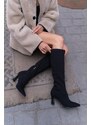 Madamra Black Matte Women's Thin Heel Above Knee Boots