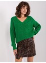 Fashionhunters Zelený dámský oversize svetr s výstřihem
