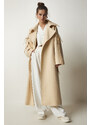 Happiness İstanbul Women's Cream Premium Fleece Long Cachet Coat with Pocket Detail on the Sleeves