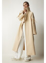 Happiness İstanbul Women's Cream Premium Fleece Long Cachet Coat with Pocket Detail on the Sleeves