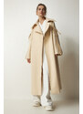 Happiness İstanbul Women's Cream Premium Fleece Long Cachet Coat with Pocket Detail on the Sleeves