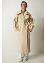 Happiness İstanbul Women's Cream Premium Fleece Long Cachet Coat with Pocket Detail on the Sleeves