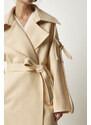 Happiness İstanbul Women's Cream Premium Fleece Long Cachet Coat with Pocket Detail on the Sleeves