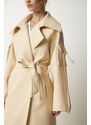 Happiness İstanbul Women's Cream Premium Fleece Long Cachet Coat with Pocket Detail on the Sleeves