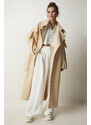 Happiness İstanbul Women's Cream Premium Fleece Long Cachet Coat with Pocket Detail on the Sleeves