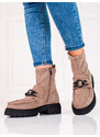 Designové dámské kotníčkové boty hnědé na plochém podpatku