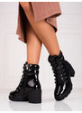 Pohodlné černé dámské kotníčkové boty na širokém podpatku