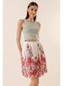 By Saygı Large Floral Patterned Short Chiffon Skirt Red With Elastic Waist Lined.
