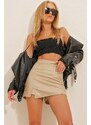 Trend Alaçatı Stili Women's Beige Slit and Zippered Faux Leather Mini Skirt
