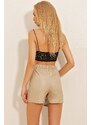 Trend Alaçatı Stili Women's Beige Slit and Zippered Faux Leather Mini Skirt