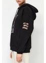 Trendyol Black Oversized/Wide-Cut Knitted Sweatshirt with a Space Print Thick Fleece Inside