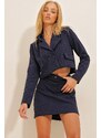 Trend Alaçatı Stili Women's Navy Blue Double-breasted Collar Buttoned Flap Pocket Jacket and Skirt Double Suit