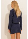 Trend Alaçatı Stili Women's Navy Blue Double-breasted Collar Buttoned Flap Pocket Jacket and Skirt Double Suit