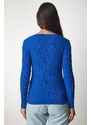 Happiness İstanbul Women's Blue V-Neck Ribbed Basic Blouse