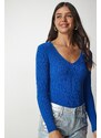 Happiness İstanbul Women's Blue V-Neck Ribbed Basic Blouse