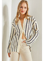 Bianco Lucci Women's Shirt Collar Long Sleeve Striped Cardigan