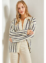 Bianco Lucci Women's Shirt Collar Long Sleeve Striped Cardigan