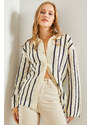 Bianco Lucci Women's Shirt Collar Long Sleeve Striped Cardigan