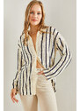 Bianco Lucci Women's Shirt Collar Long Sleeve Striped Cardigan