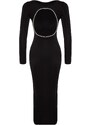 Trendyol černé vypasované pletené elegantní večerní šaty bez podšívky s doplňky